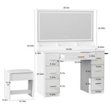 Vanity Desk with Mirror and LED Lights, 43'' W Makeup Vanity Desk with Power Outlet, 3 Color Modes, 7 Drawers Vanity Table with Chair, Dressing Table for Bedroom, Dressing Room Homesflex