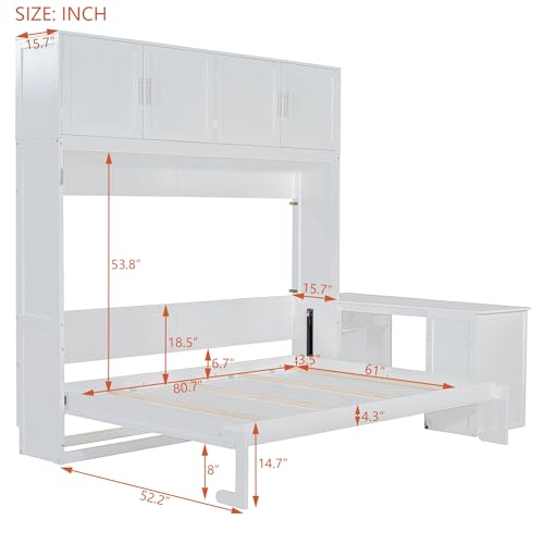Ball & Cast Murphy Bed Queen Size,Hideaway Beds with Desk and Storage Shelves,Multifunction Wood Wall Cabinets Bedframe W/Big Cabinets &Hardware Chain,Slat Support,Space-Saving for Apartment,White Ball & Cast
