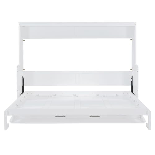 Merax Murphy Bed Queen Size with Desk, Wood Folding Wall Bedframe with Smooth Hydraulic Lift, for Small Bedroom, Guest Room, Home Office, White Merax