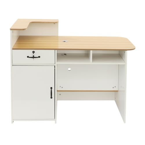 47In Reception Desk with LED Lights, L-Shaped Modern Front Table Reception Room Table with Cable Grommet & Lockable Drawers, Retail Checkout Counter for Lobby Salon Office AngelcityCC