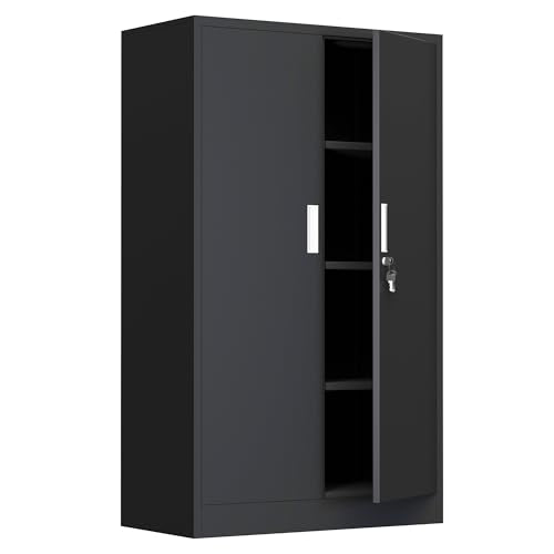 JINKUR Metal Storage Cabinet with Locking Doors and 3 Adjustable Shelves, Lockable Storage Cabinets for Home Office Garage Kitchen Pantry (Black) JINKUR