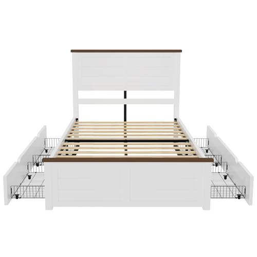 LUXOAK Farmhouse Twin Size Bed Frame with Headboard and 4 Storage Drawers, Solid Wood Barn Door Platform Bed with Wood Slats, Heavy Duty Mattress Foundation, Non-Slip & Noise-Free, Antique White