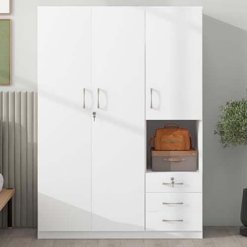EMKK Wood Wardrobe Closet with 2 Doors and Drawers,Bedroom Freestanding Armoire Storage Cabinet w/Shelves and 3 Drawers,WoodenWardrobe Combination for Hanging Clothes EMKK