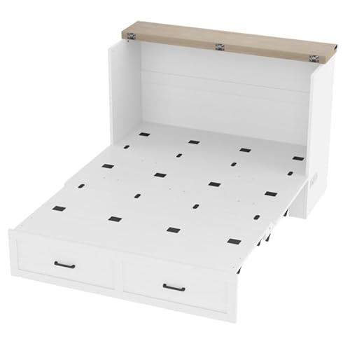 Bellemave Queen Murphy Bed, Cabinet Bed with Charging Station and 1 Large Storage Drawer, Farmhouse Murphy Cabinet with Foldable Panel, Noisy Free, for Guest Bedroom, Living Room, White Bellemave