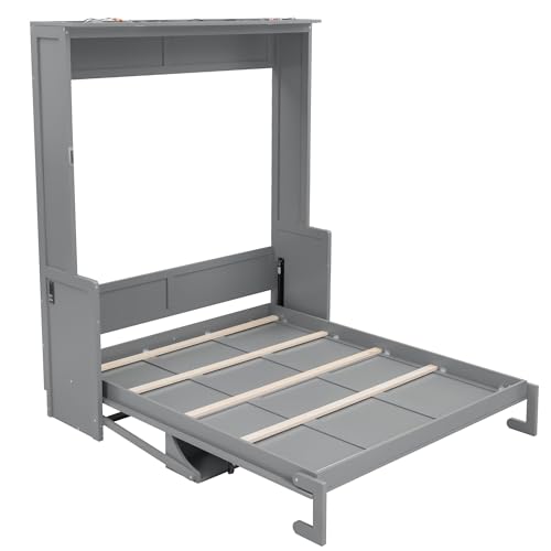 SOFTSEA Queen Size Murphy Bed with Desk, Hideaway Wall Bed with LED Lights and USB Ports, Folding Murphy Bed Frame for Small Space, Guest Room, Bedroom, Office, Grey SOFTSEA