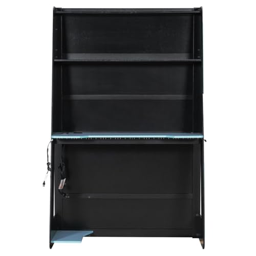 TCMILA Twin Size Loft Bed with Desk, TV Stand, LED & USB, Gaming Loft Bed with Storage Bookshelf, Space Saving, for Kids Adults Boys, Blue TCMILA