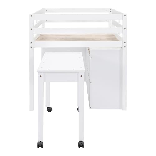 Ball & Cast Twin Size Loft Bed with Retractable Writing Desk & 4 Drawers,Wooden Bedframe W/Lateral Portable Desk & Shelves,Space Saving,Easy Assembly,Study Room Bedroom Set for Boy Girl Keens,White Ball & Cast