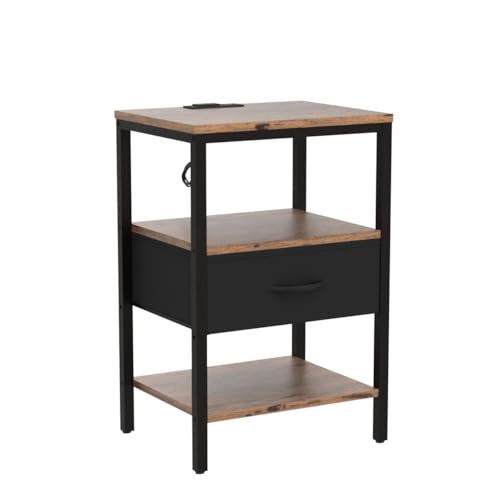 SUPERJARE Nightstand Set of 2, Bed Side Tables with Charging Station, Adjustable Fabric Drawer, Night Stand for Bedroom, 3-Tier Storage End Tables, for Living Room, Rustic Brown and Black SUPERJARE