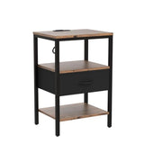 SUPERJARE Nightstand Set of 2, Bed Side Tables with Charging Station, Adjustable Fabric Drawer, Night Stand for Bedroom, 3-Tier Storage End Tables, for Living Room, Rustic Brown and Black SUPERJARE