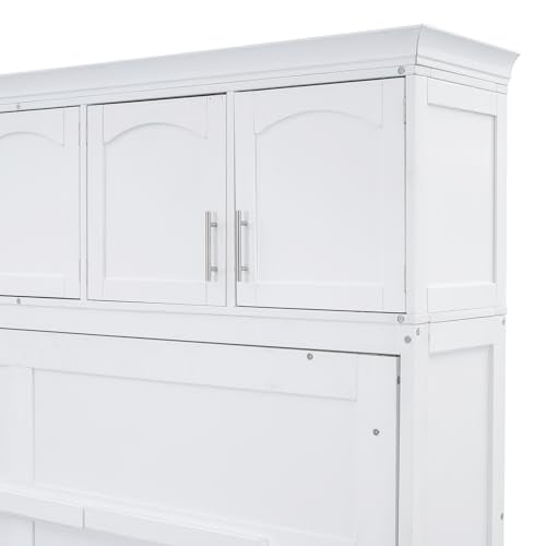 Merax Modern Farmhouse Solid Wood Murphy Bed Chest with Top Cabinets, Tall Wall Platform Bed Space Saving/Wood Slat Support Full,White Merax