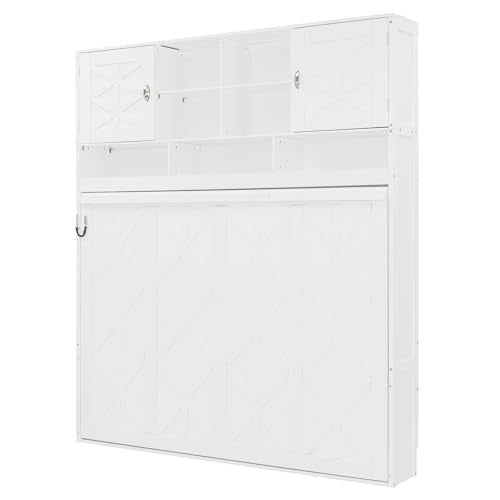 Merax Queen Size Murphy Bed with Top Cabinets and Shelves, Fold into The Wall, Space-Saving Design, Multifunctional Foldable Platform Bed Frame for Bedroom, Guest Room, Home Office, White Merax
