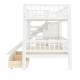Merax Bunk Bed Twin Size with Drawers, Slide and Storage Stairs, Solid Wood Bunk Bed Frame with Fence for Kids Teens, No Spring Box Required, No Squeaks,White Merax