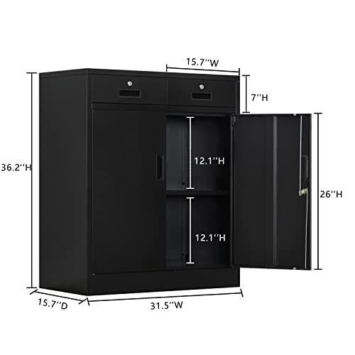 CJF Metal Storage Cabinet with 2 Doors and 2 Locking Drawers, Steel Storage Cabinets for Office/Home 36.2" H x 31.5" W x 15.7" D (Black)