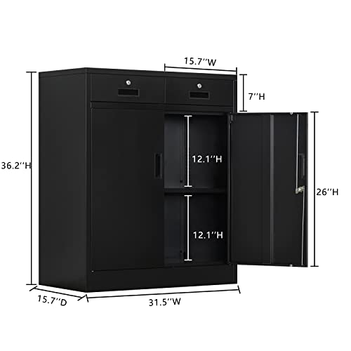 CJF Metal Storage Cabinet with 2 Doors and 2 Locking Drawers, Steel Storage Cabinets for Office/Home 36.2" H x 31.5" W x 15.7" D (Black) - WoodArtSupply