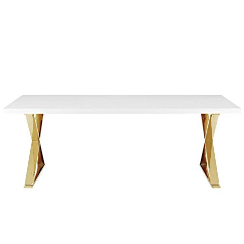 Modway Sector 87" Modern Dining Table with Gold Stainless Steel Metal X-Base in White Gold Modway