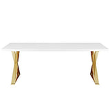 Modway Sector 87" Modern Dining Table with Gold Stainless Steel Metal X-Base in White Gold Modway