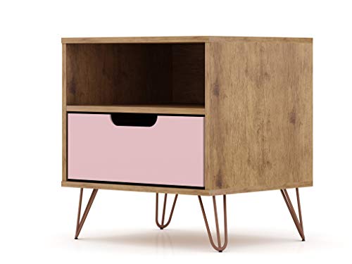Manhattan Comfort Rockefeller Nightstand with Drawer and Cubby, Mid Century Modern Bedside Table, Minimalist Display and Storage Organizer, Ideal for Bedroom and Living Room, Nature/Rose Pink Manhattan Comfort
