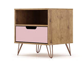 Manhattan Comfort Rockefeller Nightstand with Drawer and Cubby, Mid Century Modern Bedside Table, Minimalist Display and Storage Organizer, Ideal for Bedroom and Living Room, Nature/Rose Pink Manhattan Comfort