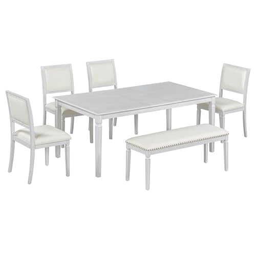 Merax Farmhouse Wooden Dining Set of 6, 72 Inch Extendable Kitchen Table, 4 Chairs w/Backrest, 2-Person Bench w/Cushion, Rustic Kitchen Table Set w/Distressed Finish & Carved Legs, Washed White Merax
