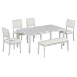 Merax Farmhouse Wooden Dining Set of 6, 72 Inch Extendable Kitchen Table, 4 Chairs w/Backrest, 2-Person Bench w/Cushion, Rustic Kitchen Table Set w/Distressed Finish & Carved Legs, Washed White Merax