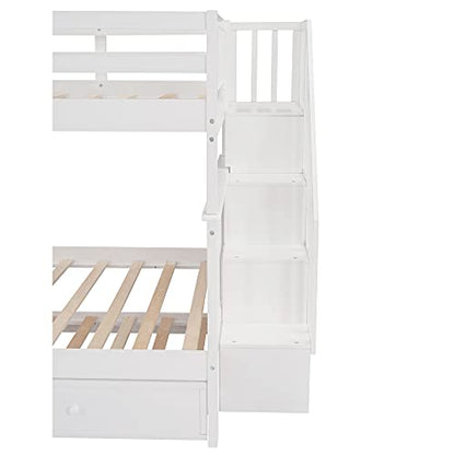 MERITLINE Wooden Bunk Bed Frame, Full Over Full Bunk Bed with Trundle, Bunk Beds with Stairs Full Size, Trundle Bunk Beds, Convertible Bunk Bed for Kids(White)