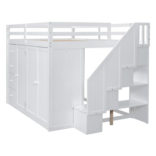 Ball & Cast Full Size Loft Bed with Storage Staircase & Safety Guardrail,Sturdy Wood Bedframe W/ 3 Cabinets & 4 Drawers,Built-in Wardrobes,Space Saving,for Boy Girl Kids Small Bedroom Dormitory,White Ball & Cast