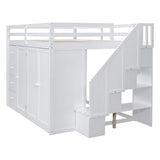 Ball & Cast Full Size Loft Bed with Storage Staircase & Safety Guardrail,Sturdy Wood Bedframe W/ 3 Cabinets & 4 Drawers,Built-in Wardrobes,Space Saving,for Boy Girl Kids Small Bedroom Dormitory,White Ball & Cast