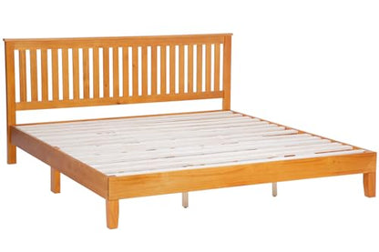 PayLessHere Solid Wood Platform Bed Frame with Headboard - King Size, Brown, No Box Spring Required - WoodArtSupply