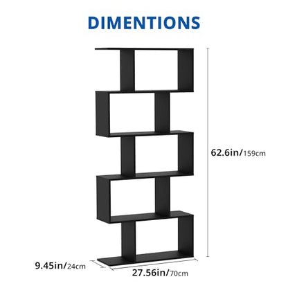 S-Shaped Black Geometric 5-Tier Bookcase – Modern Room Divider & Organiser - WoodArtSupply