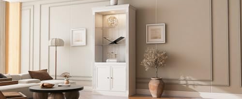 Virubi 78.75" Farmhouse Tall Bookcase Display Cabinet with Storage and LED Light, 5 Colors Adjustable, Wood Mid Century Modern Bookshelves with Shelves for Living Room, Office, Freestanding, White Virubi
