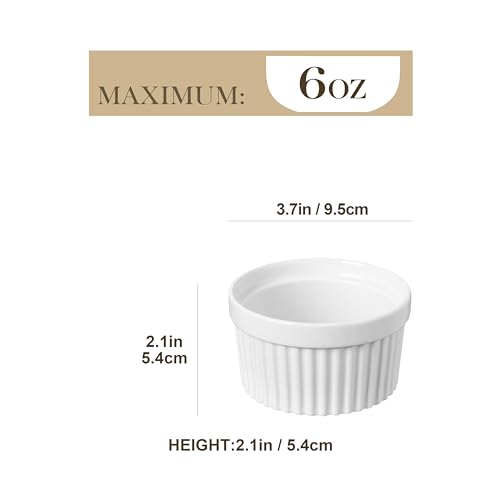 MALACASA Ramekins 6 oz Oven Safe, Porcelain Creme Brulee Ramekins Pudding Custard Cups Small Ceramic Souffle Dishes Ramakan Ramiken Ramicans Baking Bowls Set of 6, White, Series RAMEKIN-DISH MALACASA