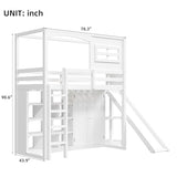 Merax Multifunction Wood Loft Bed with Wardrobe & Storage Shelves, Twin House Shaperd Loft Bed with Slide for Boys, Girls, No Box Spring Needed, Space Saving, White Merax