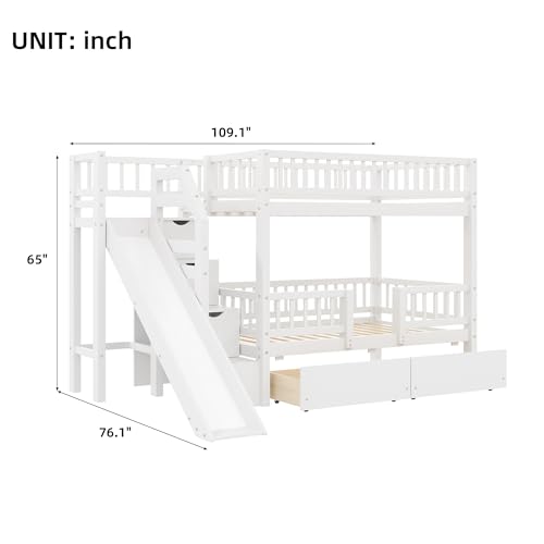 Merax Bunk Bed Twin Size with Drawers, Slide and Storage Stairs, Solid Wood Bunk Bed Frame with Fence for Kids Teens, No Spring Box Required, No Squeaks,White Merax