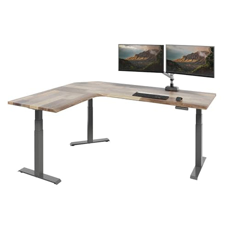 Vari ComfortEdge 80x60 L-Shape Electric Standing Desk – Height Adjustable Sit-Stand VariDesk for Corner Office with Reversible Left/Right Design + Reclaimed Wood Top/Slate Legs (Ships in 3 Boxes) Vari