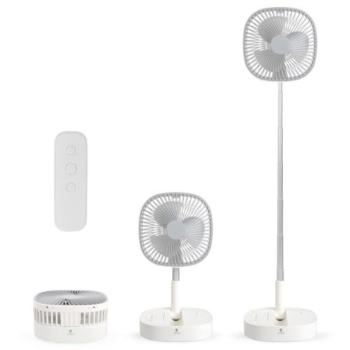 Magesh Portable Pedestal Fan - Foldaway Standing Fan Foldable Desk Fan, Use 7200Mah Rechargeable Battery, Remote Control Telescopic 4 Speed Quiet Timer Fan for Home Kitchen Outdoor Camping (Gray) Magesh