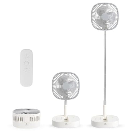 Magesh Portable Pedestal Fan - Foldaway Standing Fan Foldable Desk Fan, Use 7200Mah Rechargeable Battery, Remote Control Telescopic 4 Speed Quiet Timer Fan for Home Kitchen Outdoor Camping (Gray) Magesh