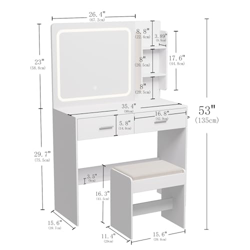 Hogxp Makeup Vanity with Lighted Mirror & Electrical Outlet - 2 Shelves, 2 Drawers, Bottom Storage - Comes with Upholstered Stool （White） Hogxp