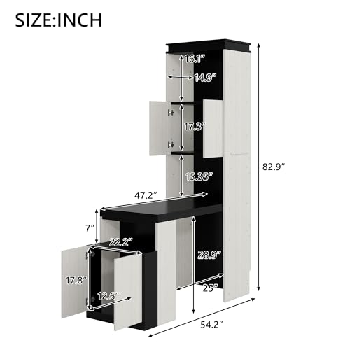 SOFTSEA Full Size Murphy Bed with Desk and Storage Shelves and Cabinets, Black+White SOFTSEA