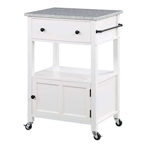 OSP Home Furnishings Fairfax Kitchen Cart with Granite Work Top and Extra Storage Drawer and Cabinet, White