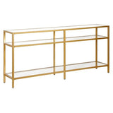 Pemberly Row Modern 64" Metal Console Table, Golden Brass Finish, Tempered Glass Top, 3-Shelf Design, Steel Frame, Stylish Entryway or Sofa Table for Living Room Decor Pemberly Row