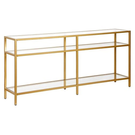 Pemberly Row Modern 64" Metal Console Table, Golden Brass Finish, Tempered Glass Top, 3-Shelf Design, Steel Frame, Stylish Entryway or Sofa Table for Living Room Decor Pemberly Row