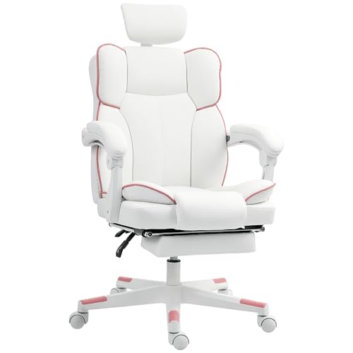 HOMCOM Executive Office Chair, Overstuffed PU Leather Reclining Computer Chair with Foot Rest, Headrest, Swivel Wheels for Home, White HOMCOM