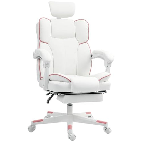 HOMCOM Executive Office Chair, Overstuffed PU Leather Reclining Computer Chair with Foot Rest, Headrest, Swivel Wheels for Home, White HOMCOM