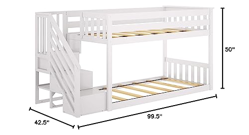 Max & Lily Low Bunk Bed, Twin-Over-Twin Bed Frame For Kids With Stairs, White Max & Lily