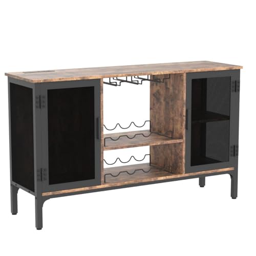 Homieasy Wine Bar Cabinet with Led Lights and Power Outlets, Industrial Coffee Bar Cabinet for Liquor and Glasses, Farmhouse Bar Cabinet with Removable Wine Racks, Rustic Brown Homieasy