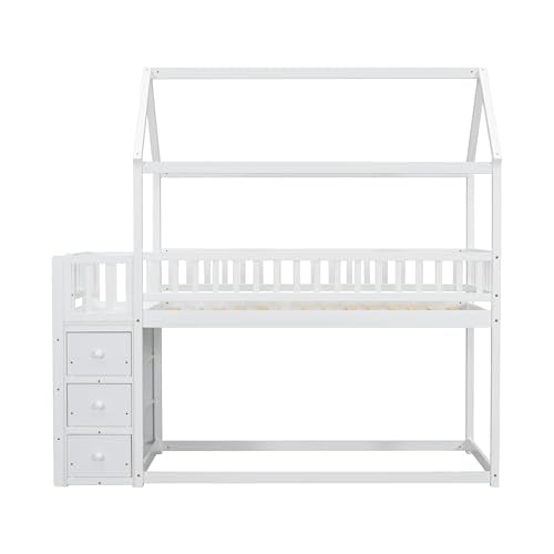 Bellemave Bunk beds Twin Over Twin Size with Drawers and Shelves Storage, Floor bunk Bed,White Bellemave