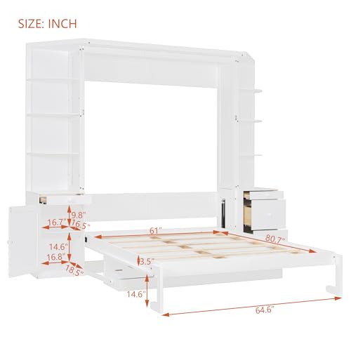 Merax Queen Size Murphy Bed with Desk and Storage, Hidden Foldable Wall Bed with Foldout Workstation, Shelves and Cabinets for Space-Saving Home Office Guest Room, White Merax