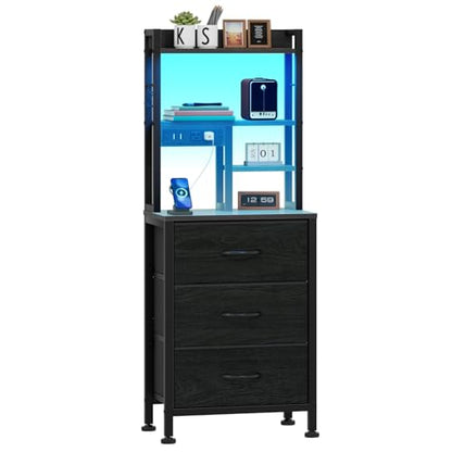 Furnulem Tall Nightstand with 3 Drawers, LED Lights, and USB Charging Ports - Versatile Beadside Table in Black Oak - WoodArtSupply