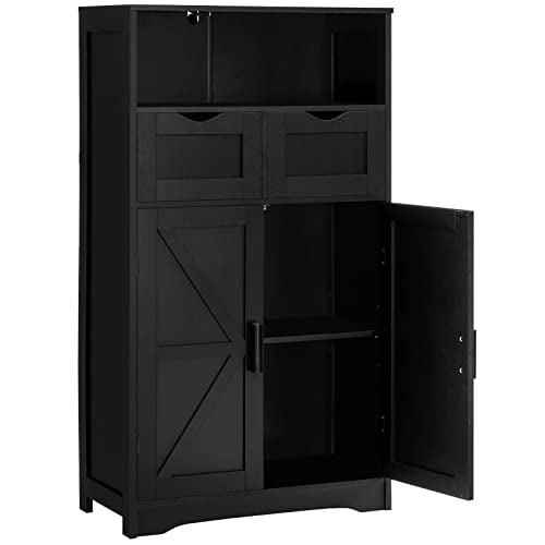 WEENFON Black Floor Cabinet with 2 Doors & 2 Drawers – Stylish Bathroom Storage with Adjustable Shelves - WoodArtSupply