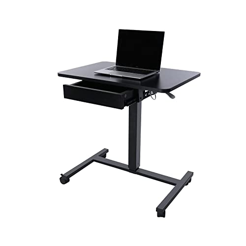 CLATINA Height Adjustable Work Table with Drawer Mobile Laptop Standing Desk Portable Small Teacher Podium with Lockable Wheels Cart Computer Overbed Table for Home Office Classroom Medical, Black CLATINA